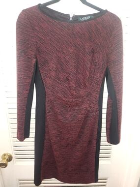 Lauren Ralph Lauren Marled Burgundy Long Sleeve Sheath Dress with Black Panels